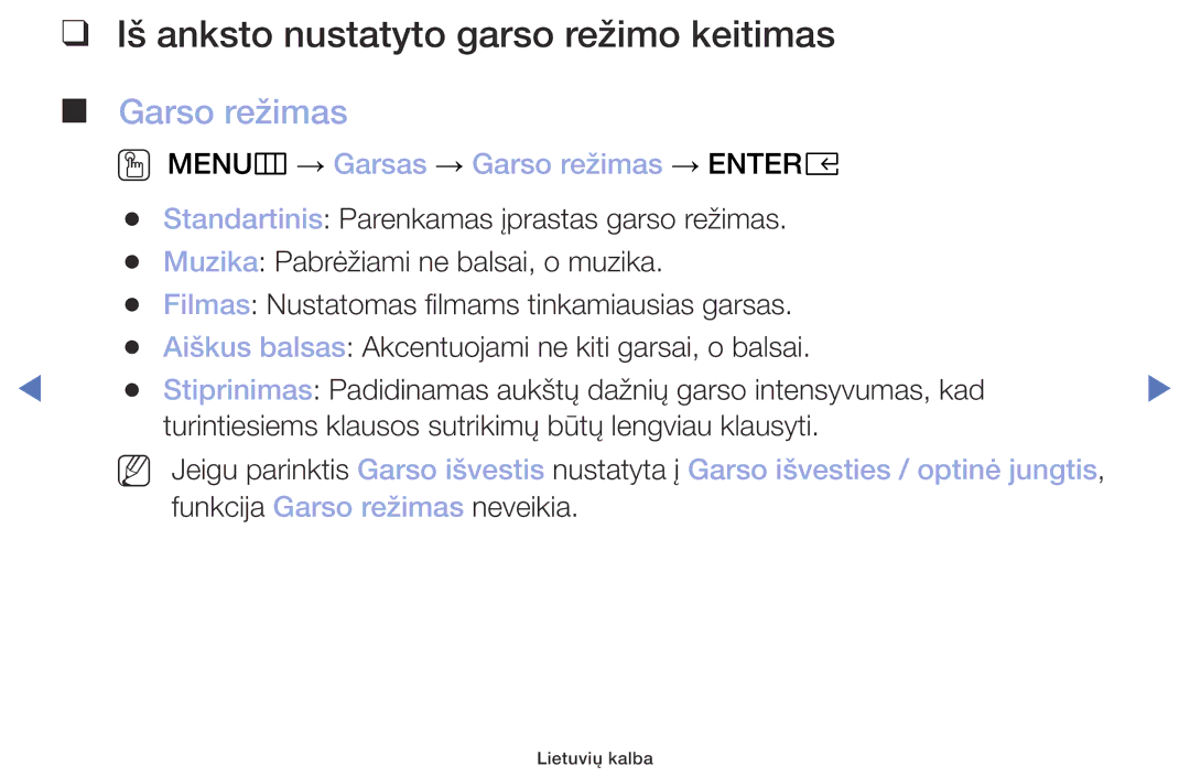 Samsung UE32M4002AKXXH manual Iš anksto nustatyto garso režimo keitimas, Garso režimas 