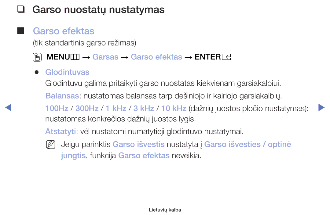 Samsung UE32M4002AKXXH manual Garso nuostatų nustatymas, OO MENUm → Garsas → Garso efektas → Entere Glodintuvas 