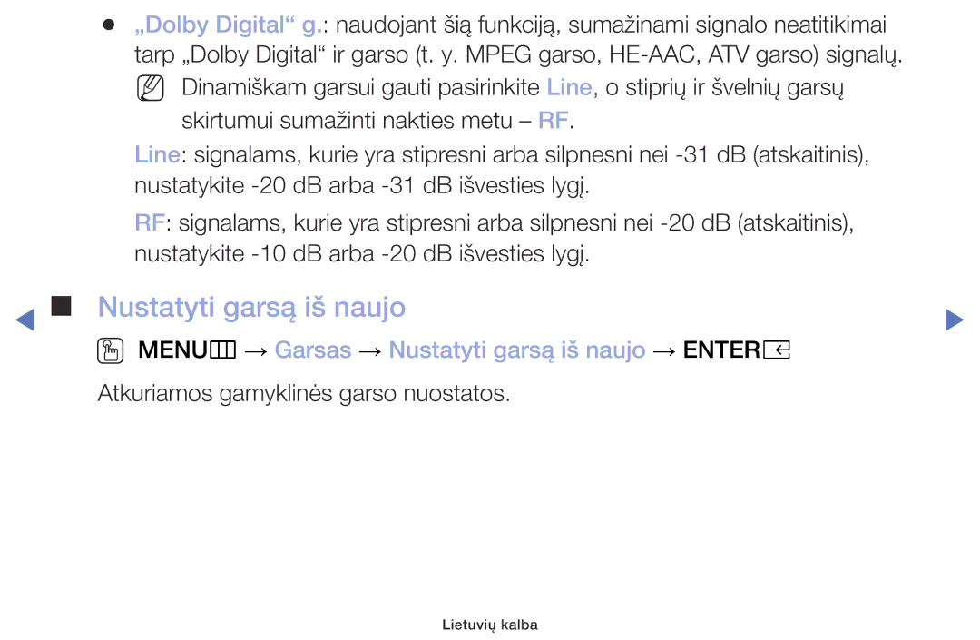 Samsung UE32M4002AKXXH manual OO MENUm → Garsas → Nustatyti garsą iš naujo → Entere 