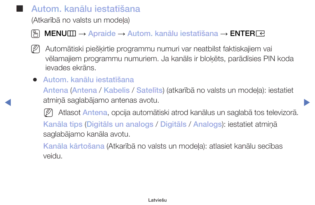 Samsung UE32M4002AKXXH manual OO MENUm → Apraide → Autom. kanālu iestatīšana → Entere 
