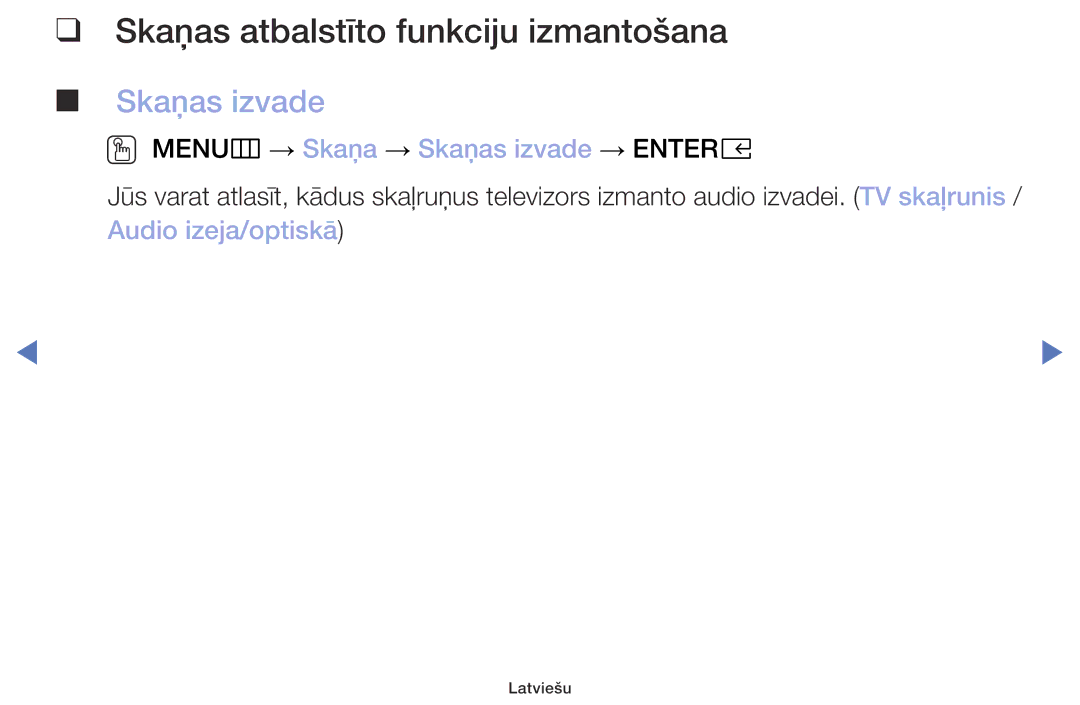 Samsung UE32M4002AKXXH manual Skaņas atbalstīto funkciju izmantošana, OO MENUm → Skaņa → Skaņas izvade → Entere 