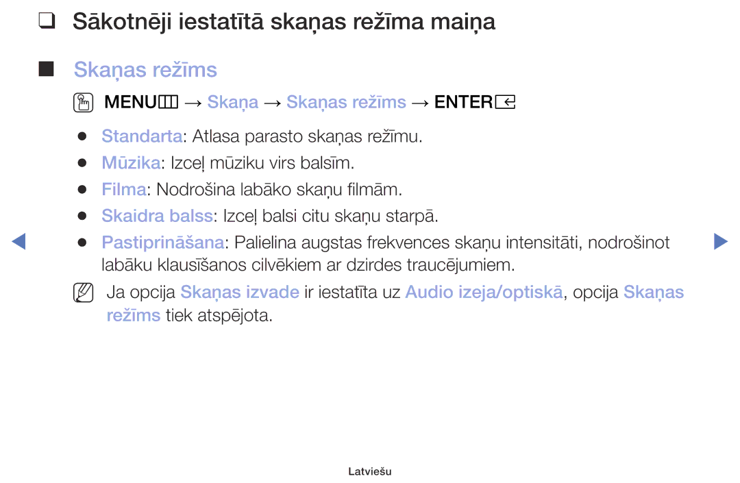 Samsung UE32M4002AKXXH manual Sākotnēji iestatītā skaņas režīma maiņa, OO MENUm → Skaņa → Skaņas režīms → Entere 