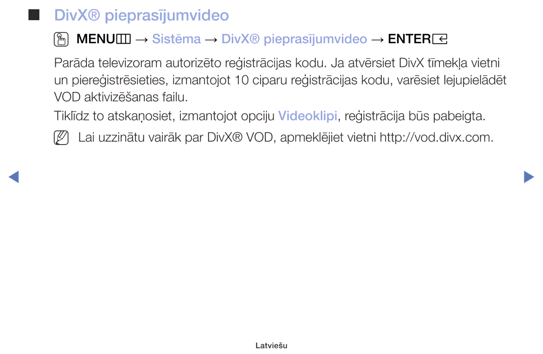 Samsung UE32M4002AKXXH manual OO MENUm → Sistēma → DivX pieprasījumvideo → Entere 