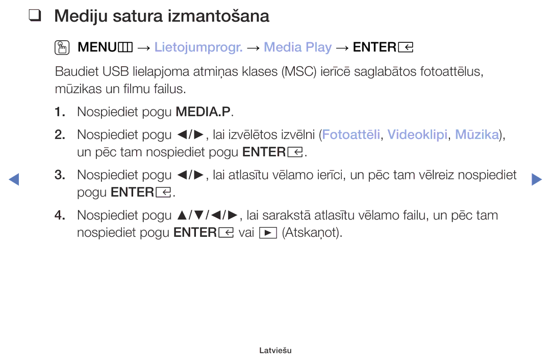 Samsung UE32M4002AKXXH manual Mediju satura izmantošana, OO MENUm → Lietojumprogr. → Media Play → Entere 