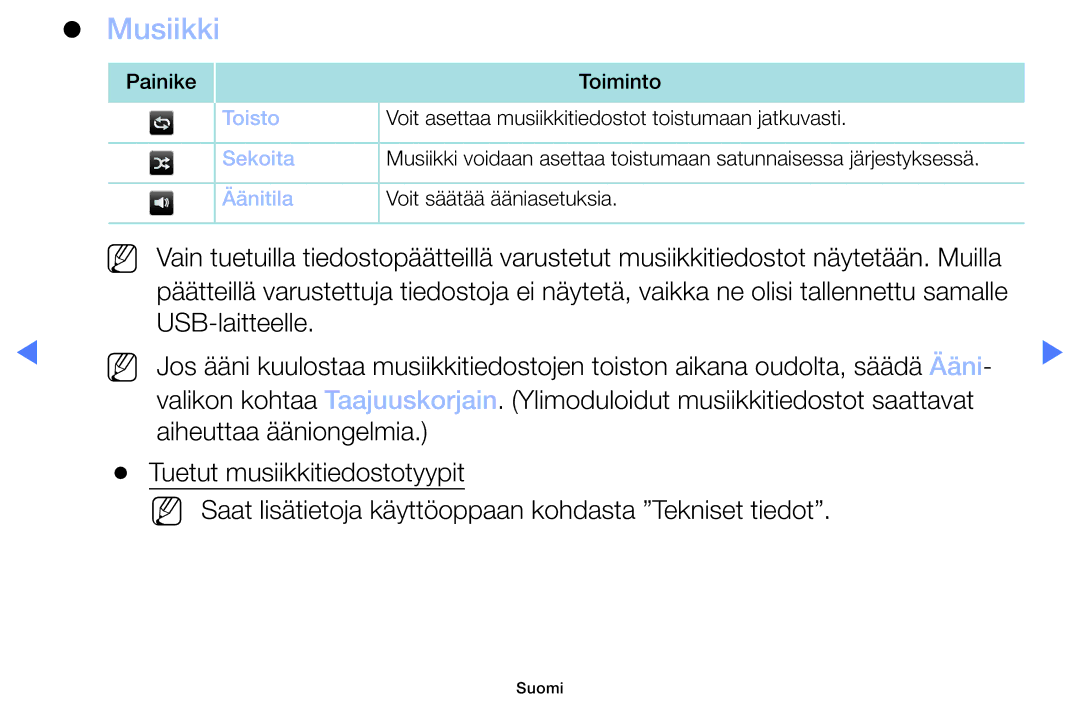 Samsung UE32M4005AKXXC, UE49M5005AKXXC, UE32M5005AKXXC, UE40M5005AKXXC manual Musiikki 