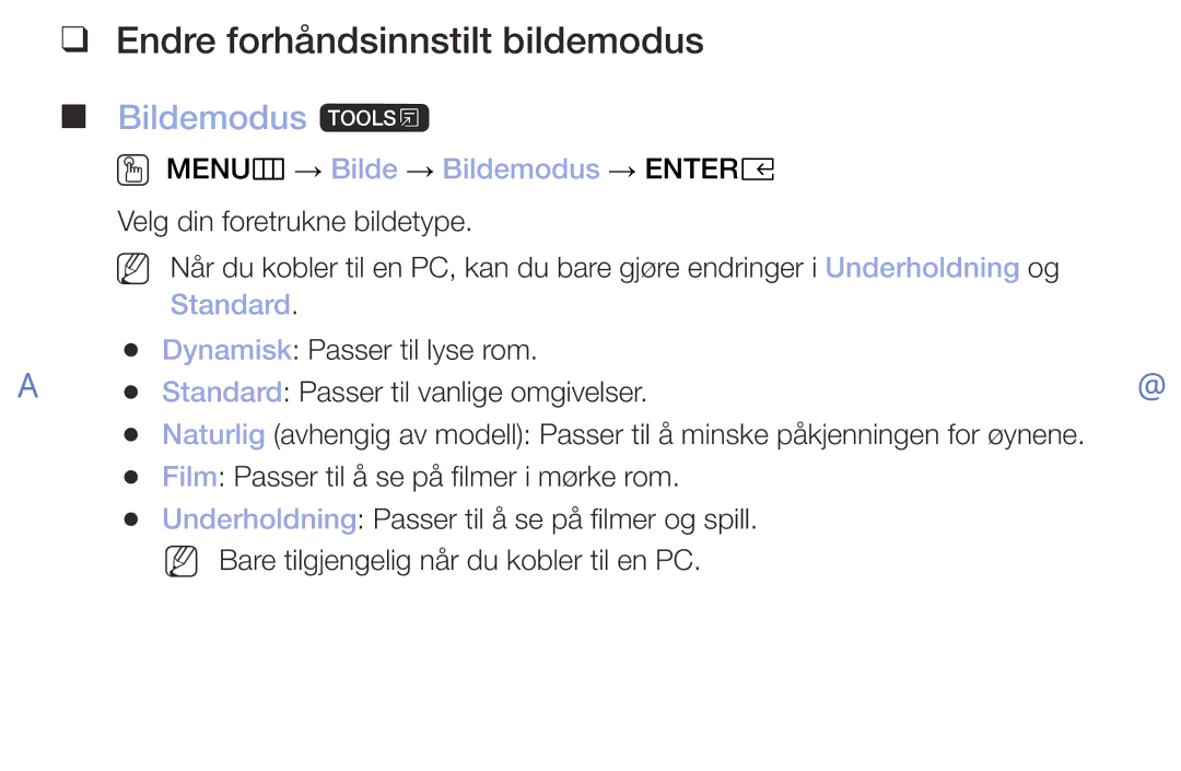 Samsung UE49M5005AKXXC manual Endre forhåndsinnstilt bildemodus, Bildemodus t, OO MENUm → Bilde → Bildemodus → Entere 