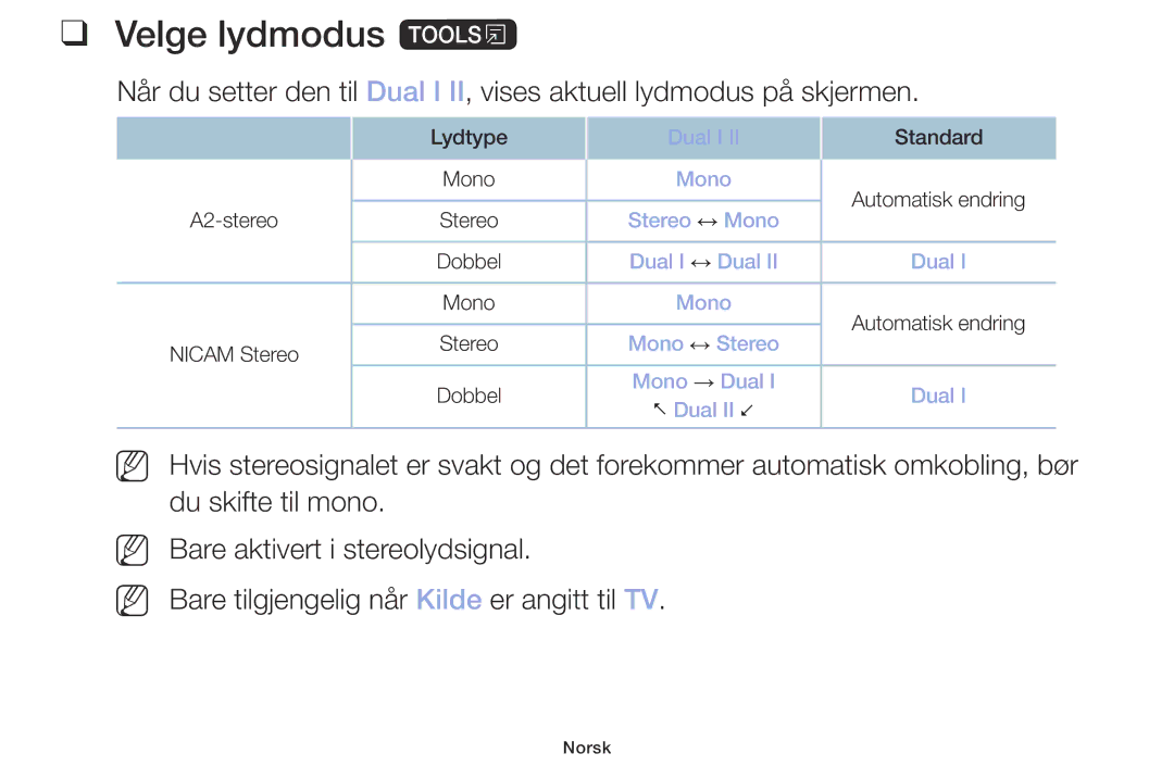 Samsung UE40M5005AKXXC, UE32M4005AKXXC, UE49M5005AKXXC, UE32M5005AKXXC manual Velge lydmodus t, Nn Nn 