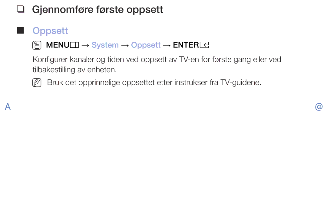 Samsung UE49M5005AKXXC, UE32M4005AKXXC, UE32M5005AKXXC, UE40M5005AKXXC manual Gjennomføre første oppsett, Oppsett 