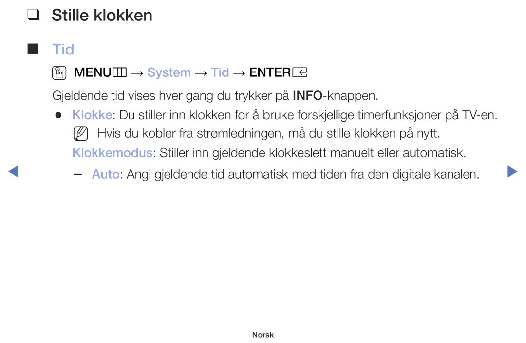 Samsung UE32M5005AKXXC, UE32M4005AKXXC, UE49M5005AKXXC, UE40M5005AKXXC manual Stille klokken, Tid 