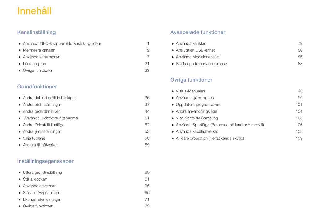 Samsung UE49M5005AKXXC, UE32M4005AKXXC, UE32M5005AKXXC, UE40M5005AKXXC manual Innehåll 