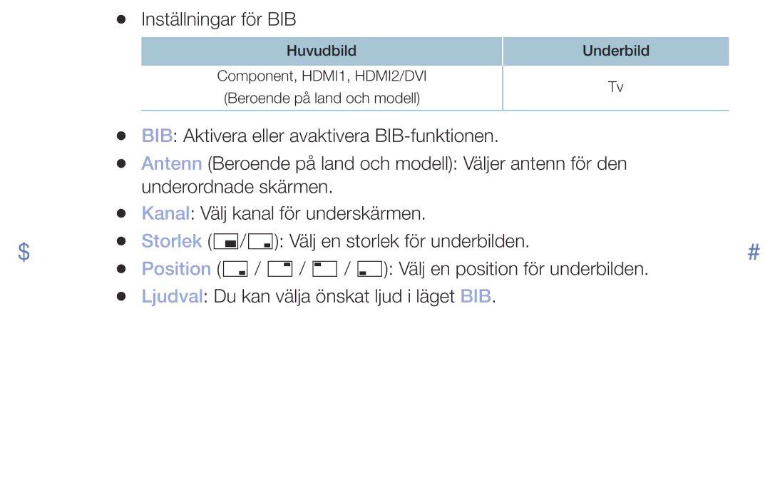 Samsung UE32M4005AKXXC, UE49M5005AKXXC, UE32M5005AKXXC, UE40M5005AKXXC manual Inställningar för BIB 