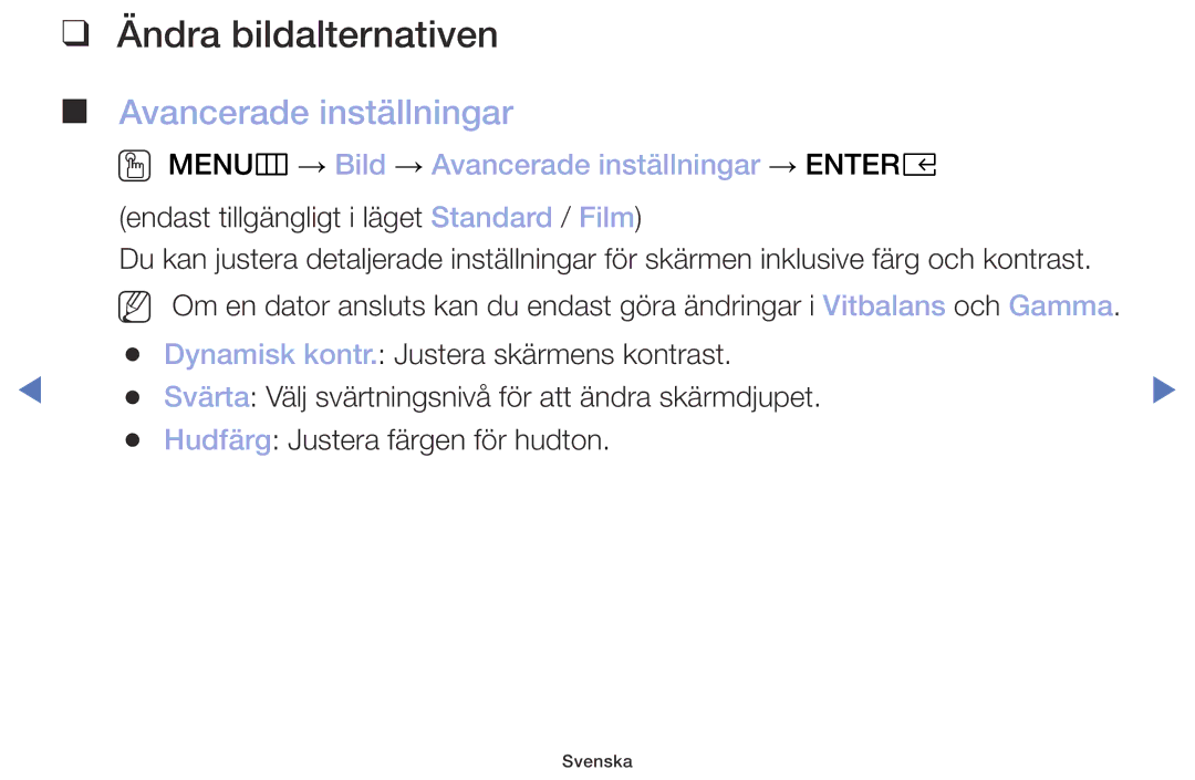 Samsung UE49M5005AKXXC, UE32M4005AKXXC, UE32M5005AKXXC, UE40M5005AKXXC manual Ändra bildalternativen, Avancerade inställningar 