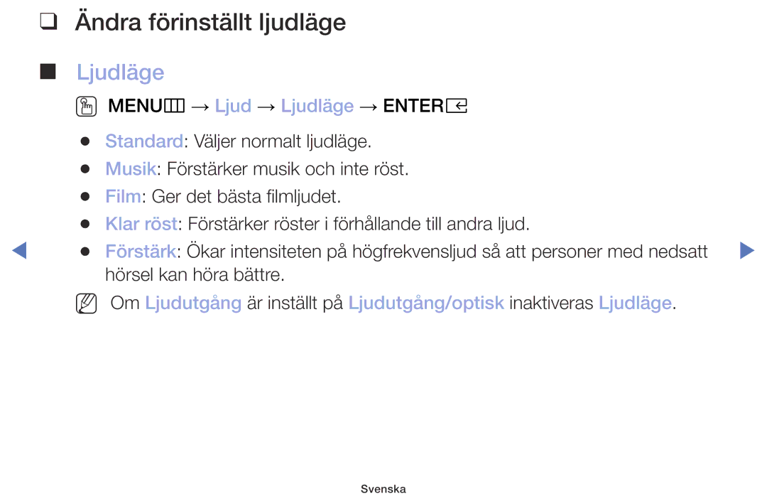 Samsung UE49M5005AKXXC, UE32M4005AKXXC, UE32M5005AKXXC, UE40M5005AKXXC manual Ändra förinställt ljudläge, Ljudläge 