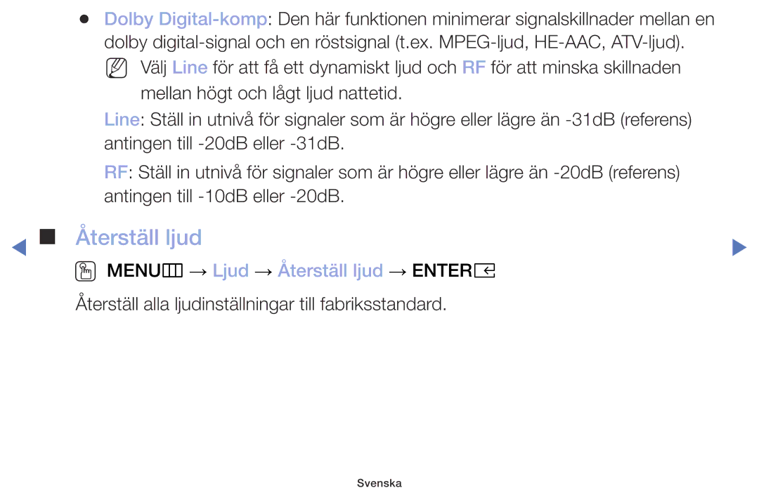 Samsung UE32M5005AKXXC, UE32M4005AKXXC, UE49M5005AKXXC, UE40M5005AKXXC manual OO MENUm → Ljud → Återställ ljud → Entere 