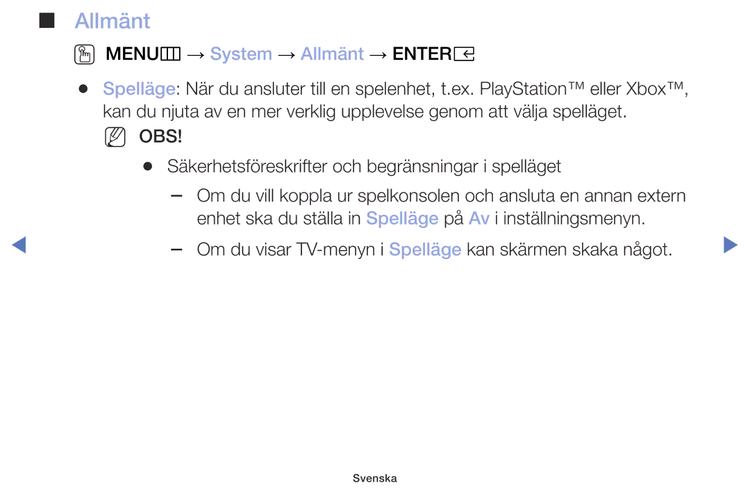 Samsung UE32M4005AKXXC, UE49M5005AKXXC, UE32M5005AKXXC, UE40M5005AKXXC manual OO MENUm → System → Allmänt → Entere 