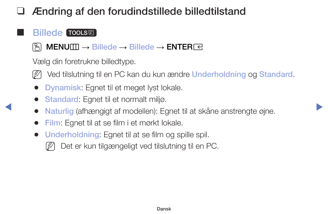 Samsung UE49M5005AKXXC Ændring af den forudindstillede billedtilstand, Billede t, OO MENUm → Billede → Billede → Entere 