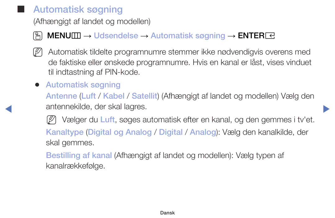 Samsung UE32M4005AKXXC, UE49M5005AKXXC, UE32M5005AKXXC manual OO MENUm → Udsendelse → Automatisk søgning → Entere 