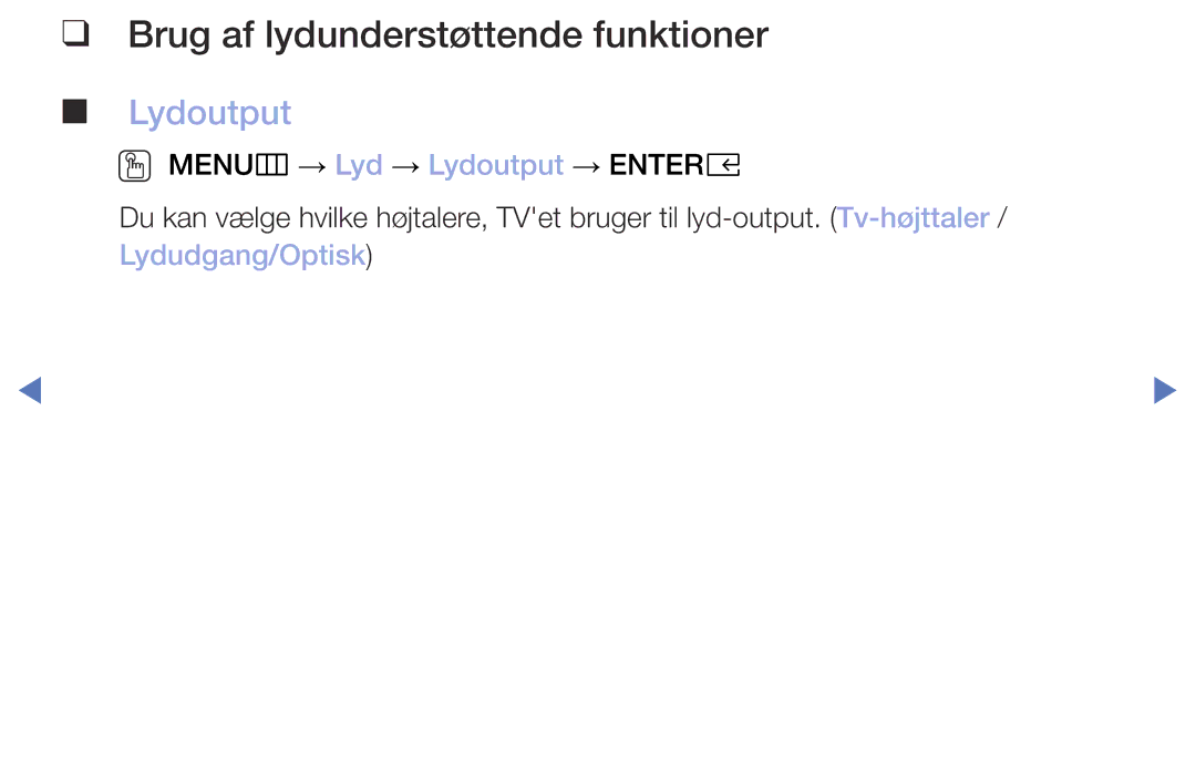 Samsung UE32M4005AKXXC, UE49M5005AKXXC, UE32M5005AKXXC, UE40M5005AKXXC manual Brug af lydunderstøttende funktioner, Lydoutput 