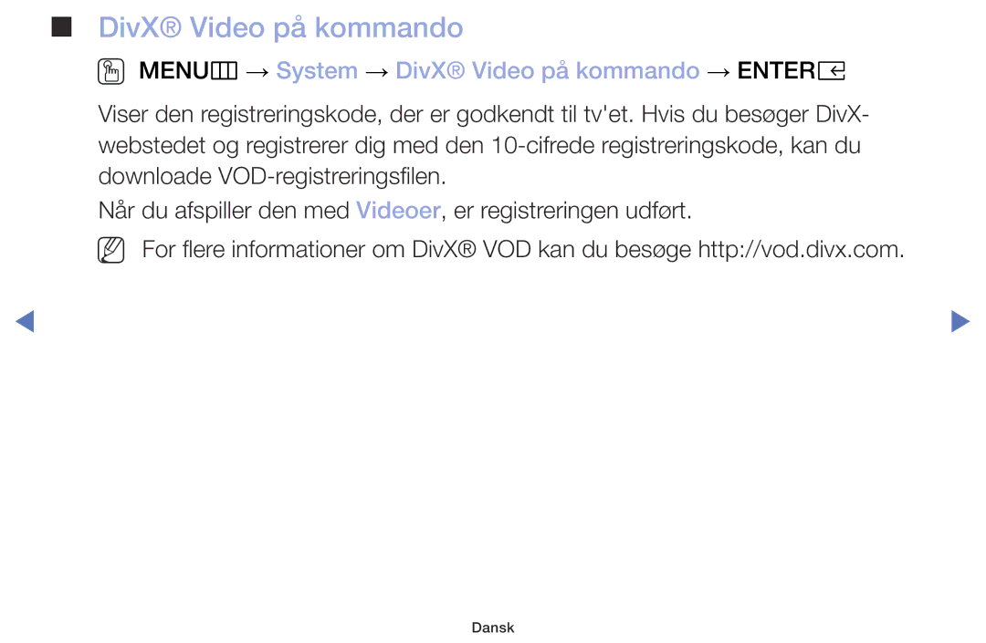 Samsung UE40M5005AKXXC, UE32M4005AKXXC, UE49M5005AKXXC manual OO MENUm → System → DivX Video på kommando → Entere 