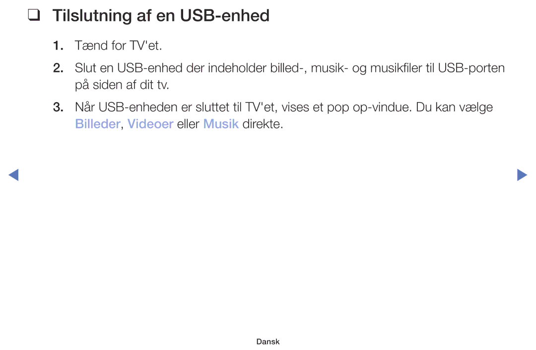 Samsung UE49M5005AKXXC, UE32M4005AKXXC, UE32M5005AKXXC, UE40M5005AKXXC manual Tilslutning af en USB-enhed 