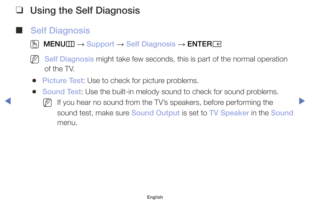 Samsung UE32M5002AKXXH, UE32M4002AKXXH manual Using the Self Diagnosis, OO MENUm → Support → Self Diagnosis → Entere 