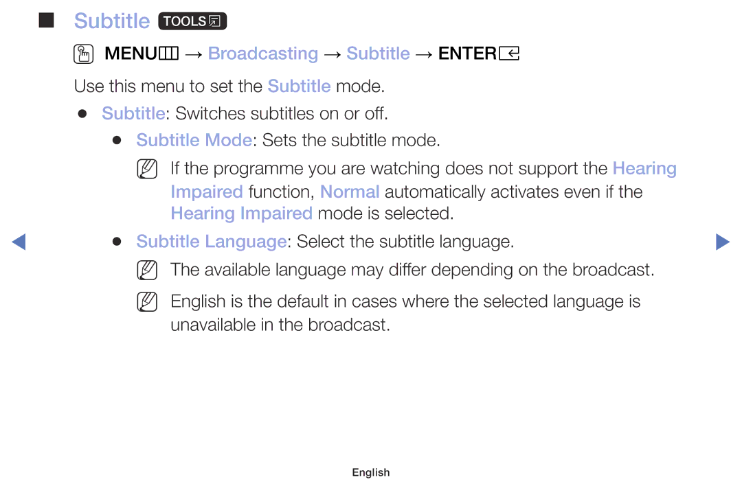 Samsung UE32M4002AKXXH manual Subtitle t, OO MENUm → Broadcasting → Subtitle → Entere, Hearing Impaired mode is selected 