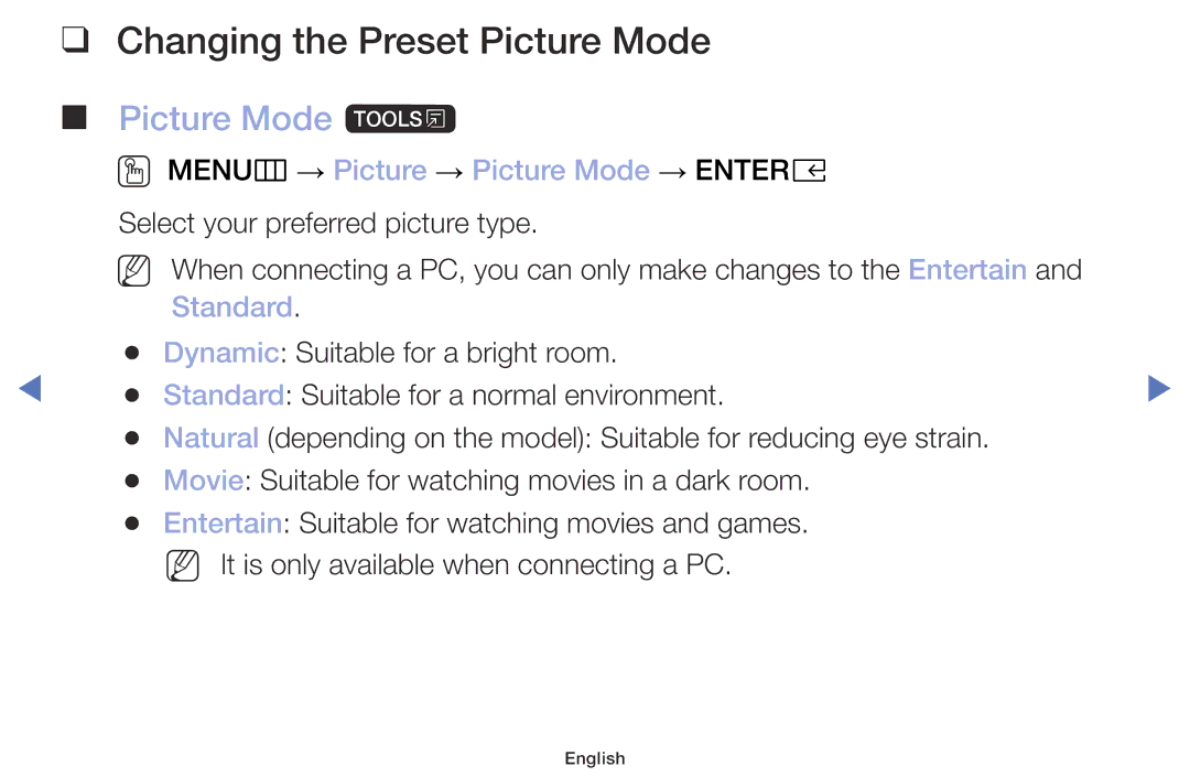 Samsung UE32M4002AKXXH manual Changing the Preset Picture Mode, Picture Mode t, OO MENUm → Picture → Picture Mode → Entere 