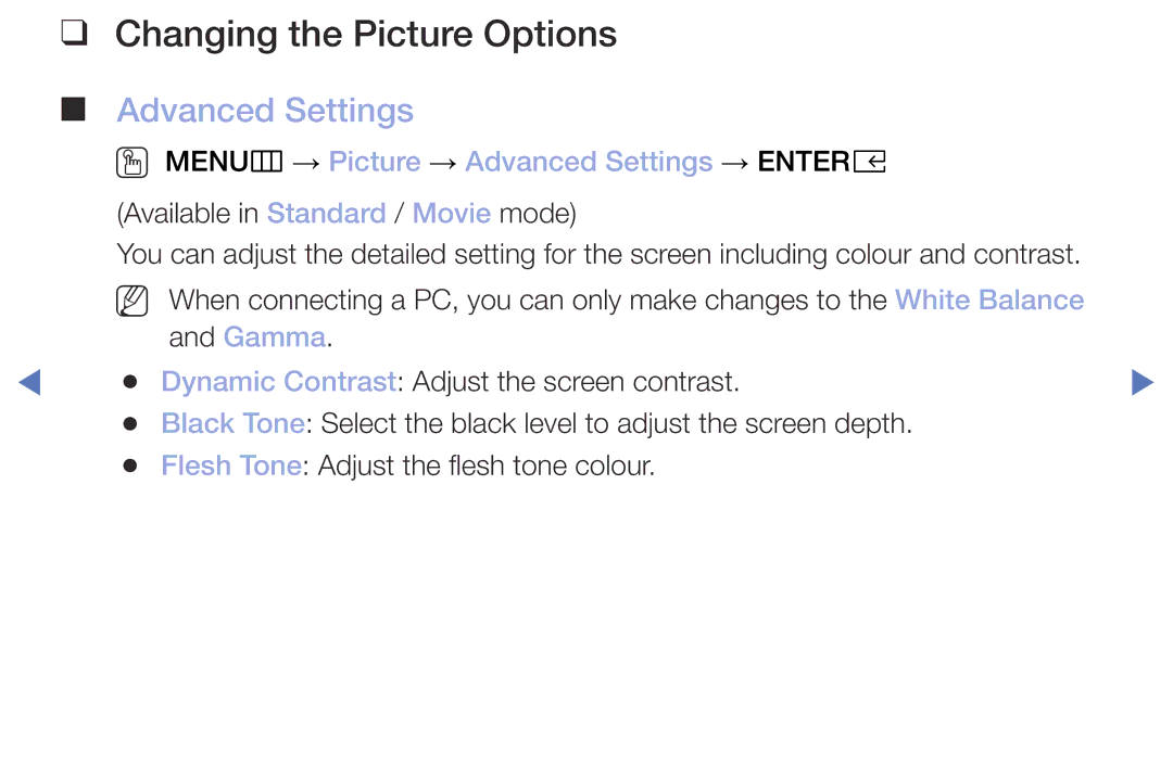 Samsung UE32M4002AKXXH, UE32M5002AKXXH Changing the Picture Options, OO MENUm → Picture → Advanced Settings → Entere 