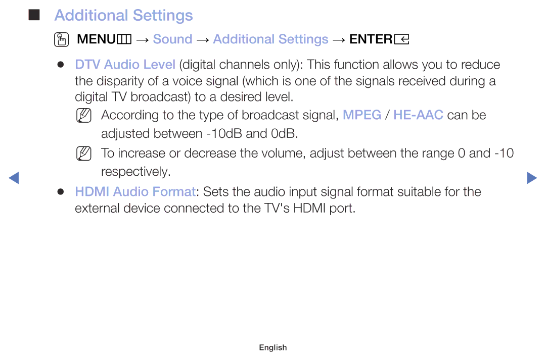 Samsung UE32M5002AKXXH, UE32M4002AKXXH, UE40M5002AKXXH, UE49M5002AKXXH OO MENUm → Sound → Additional Settings → Entere 