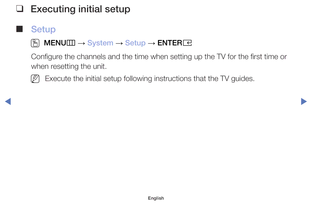 Samsung UE32M4002AKXXH, UE32M5002AKXXH, UE40M5002AKXXH, UE49M5002AKXXH manual Executing initial setup, Setup 