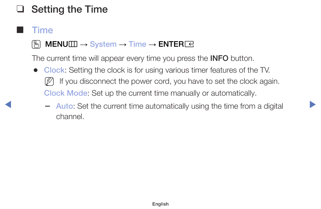 Samsung UE40M5002AKXXH, UE32M5002AKXXH, UE32M4002AKXXH, UE49M5002AKXXH manual Setting the Time 