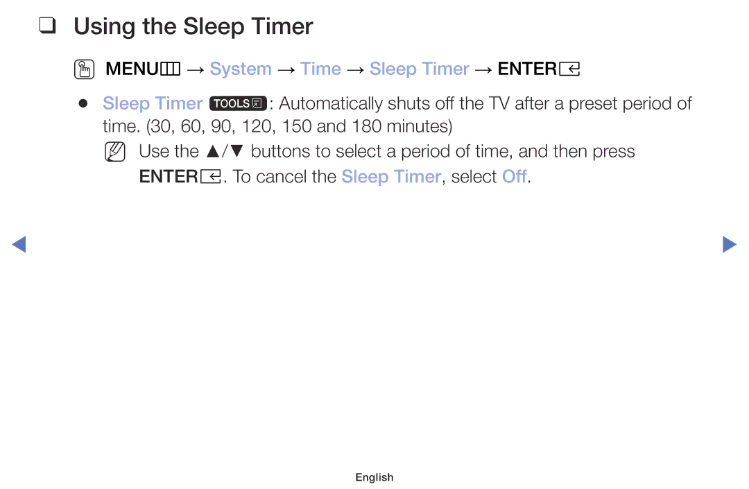 Samsung UE40M5002AKXXH, UE32M5002AKXXH manual Using the Sleep Timer, OO MENUm → System → Time → Sleep Timer → Entere 