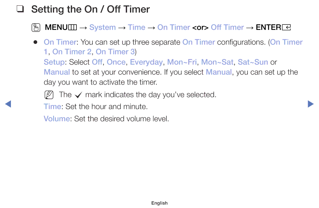 Samsung UE49M5002AKXXH manual Setting the On / Off Timer, OO MENUm → System → Time → On Timer or Off Timer → Entere 