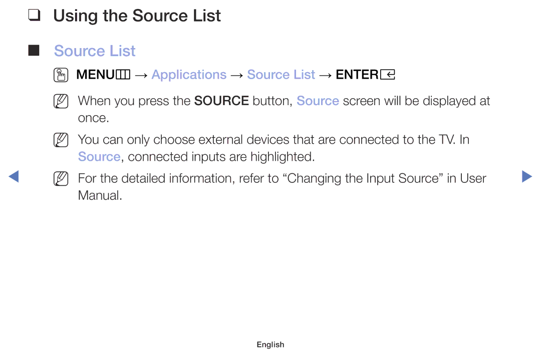 Samsung UE32M5002AKXXH, UE32M4002AKXXH manual Using the Source List, OO MENUm → Applications → Source List → Entere 