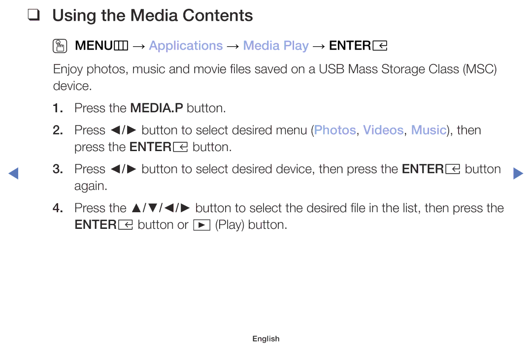 Samsung UE49M5002AKXXH, UE32M5002AKXXH, UE32M4002AKXXH, UE40M5002AKXXH manual Using the Media Contents 