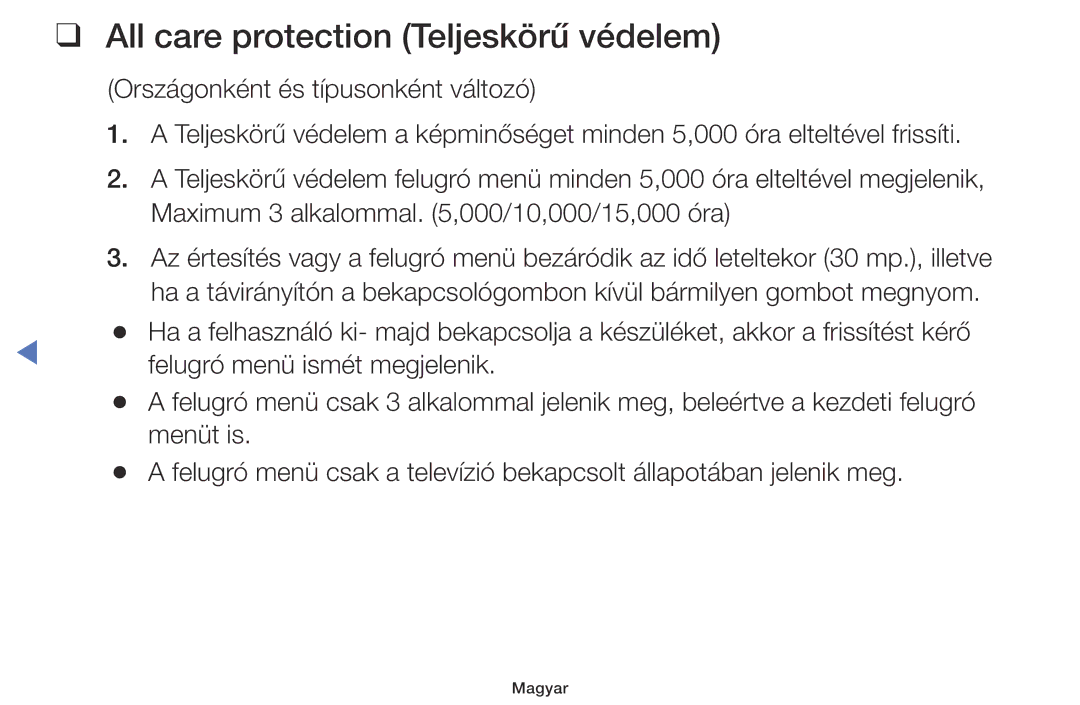 Samsung UE40M5002AKXXH, UE32M5002AKXXH, UE32M4002AKXXH, UE49M5002AKXXH manual All care protection Teljeskörű védelem 