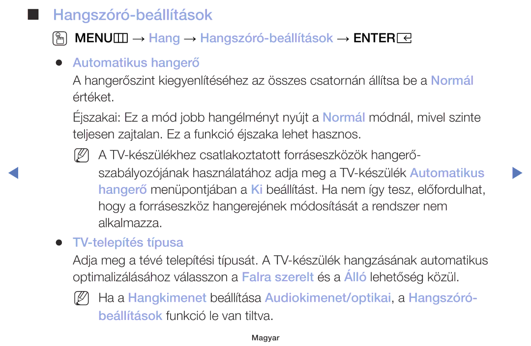 Samsung UE49M5002AKXXH, UE32M5002AKXXH, UE32M4002AKXXH, UE40M5002AKXXH manual Hangszóró-beállítások, TV-telepítés típusa 