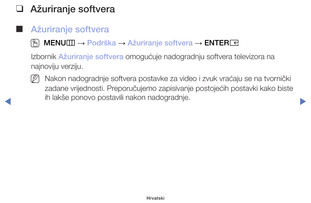 Samsung UE40M5002AKXXH, UE32M5002AKXXH, UE32M4002AKXXH, UE49M5002AKXXH OO MENUm → Podrška → Ažuriranje softvera → Entere 