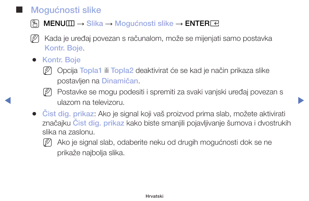 Samsung UE49M5002AKXXH, UE32M5002AKXXH, UE32M4002AKXXH manual OO MENUm → Slika → Mogućnosti slike → Entere, Kontr. Boje 