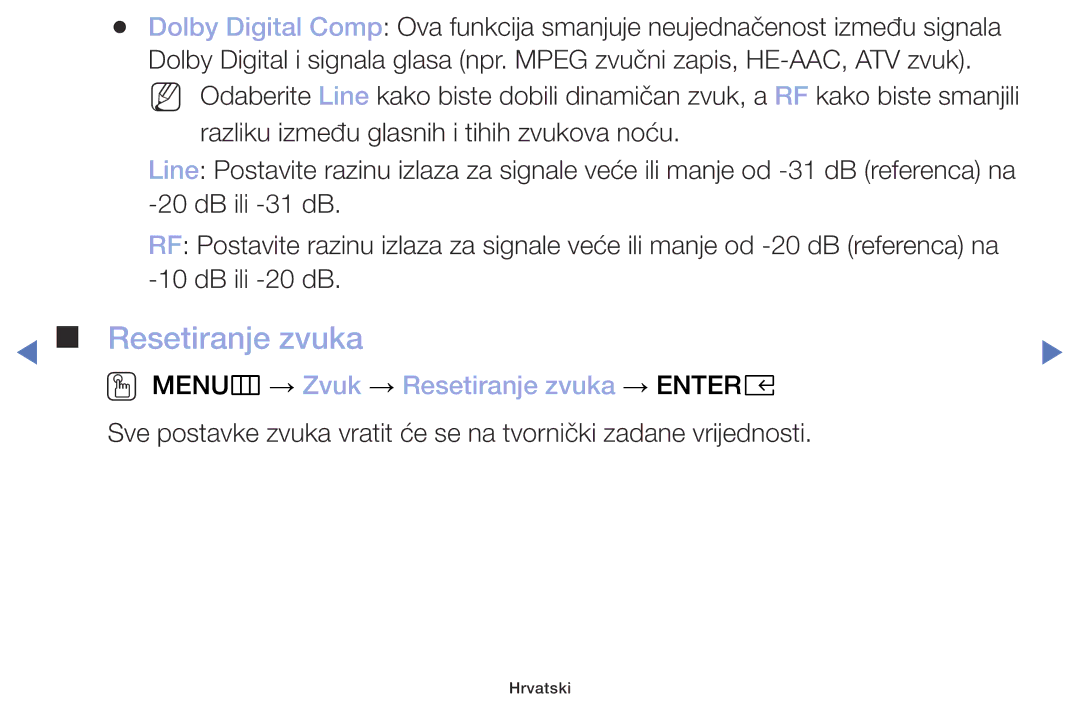 Samsung UE40M5002AKXXH, UE32M5002AKXXH, UE32M4002AKXXH, UE49M5002AKXXH manual OO MENUm → Zvuk → Resetiranje zvuka → Entere 