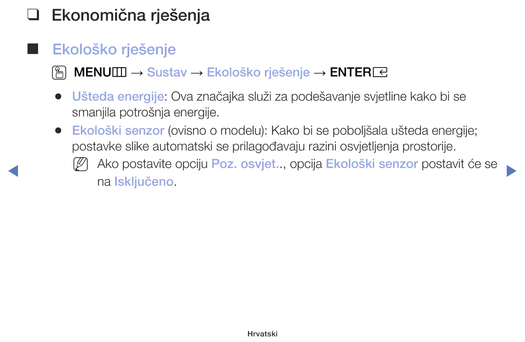 Samsung UE32M5002AKXXH, UE32M4002AKXXH manual Ekonomična rješenja, OO MENUm → Sustav → Ekološko rješenje → Entere 