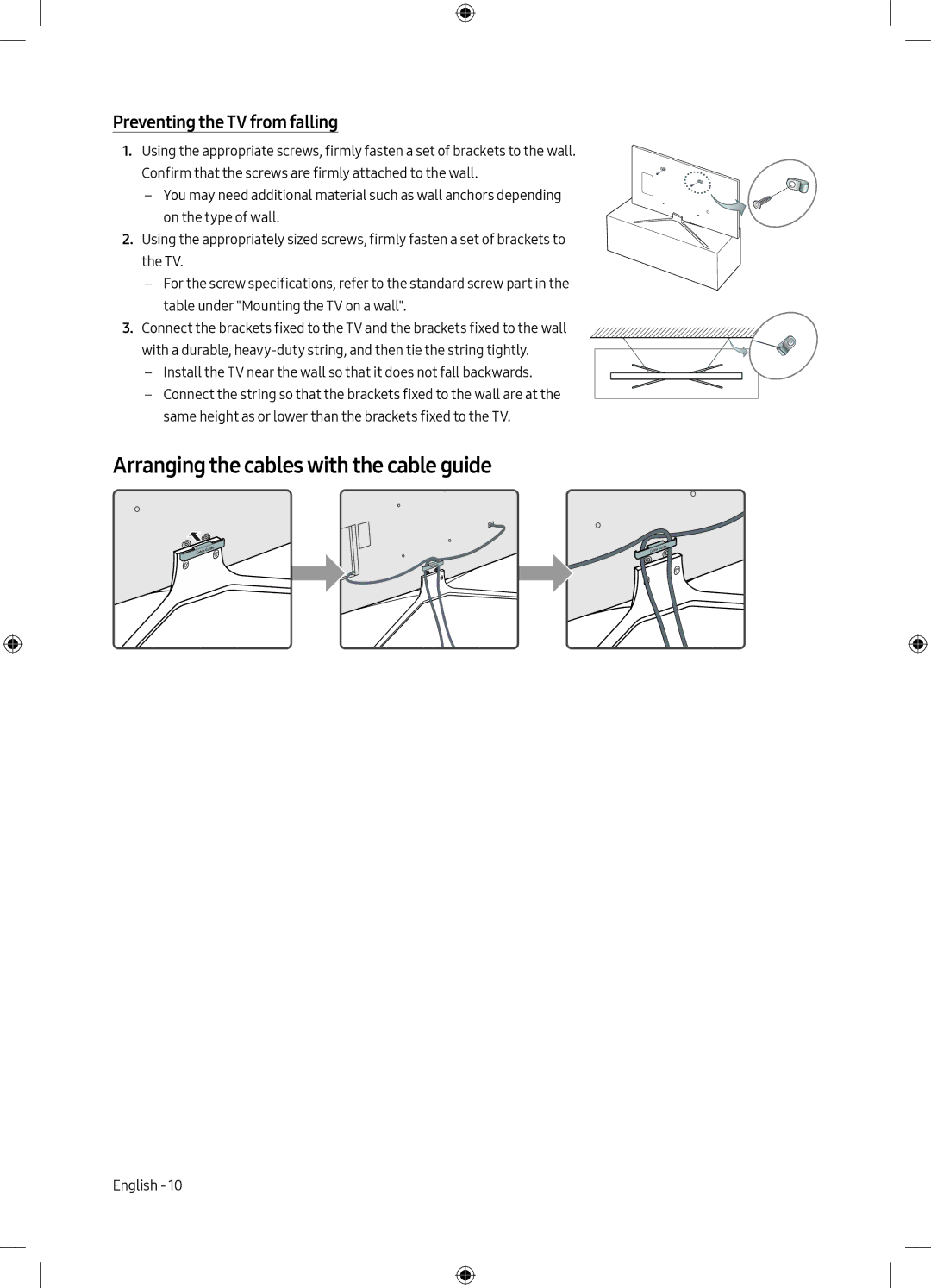 Samsung UE49M5582AUXXH, UE32M5502AKXXH manual Arranging the cables with the cable guide, Preventing the TV from falling 