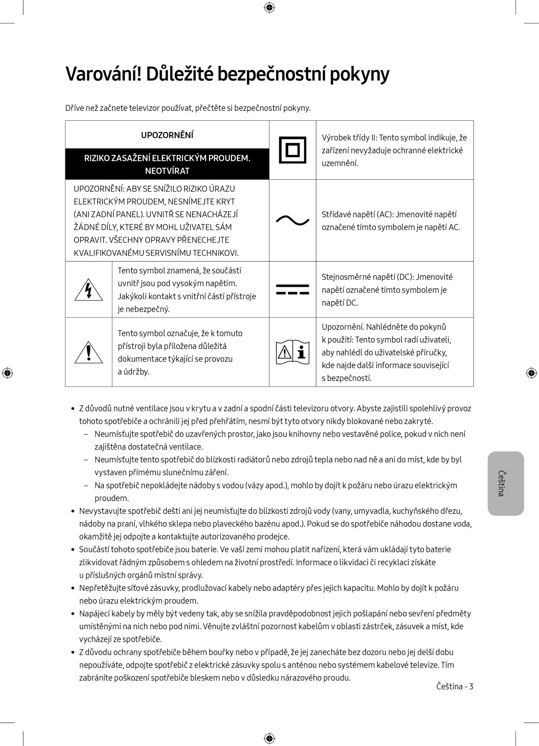 Samsung UE49M5672AUXXH, UE32M5502AKXXH manual Varování! Důležité bezpečnostní pokyny, Riziko Zasažení Elektrickým Proudem 