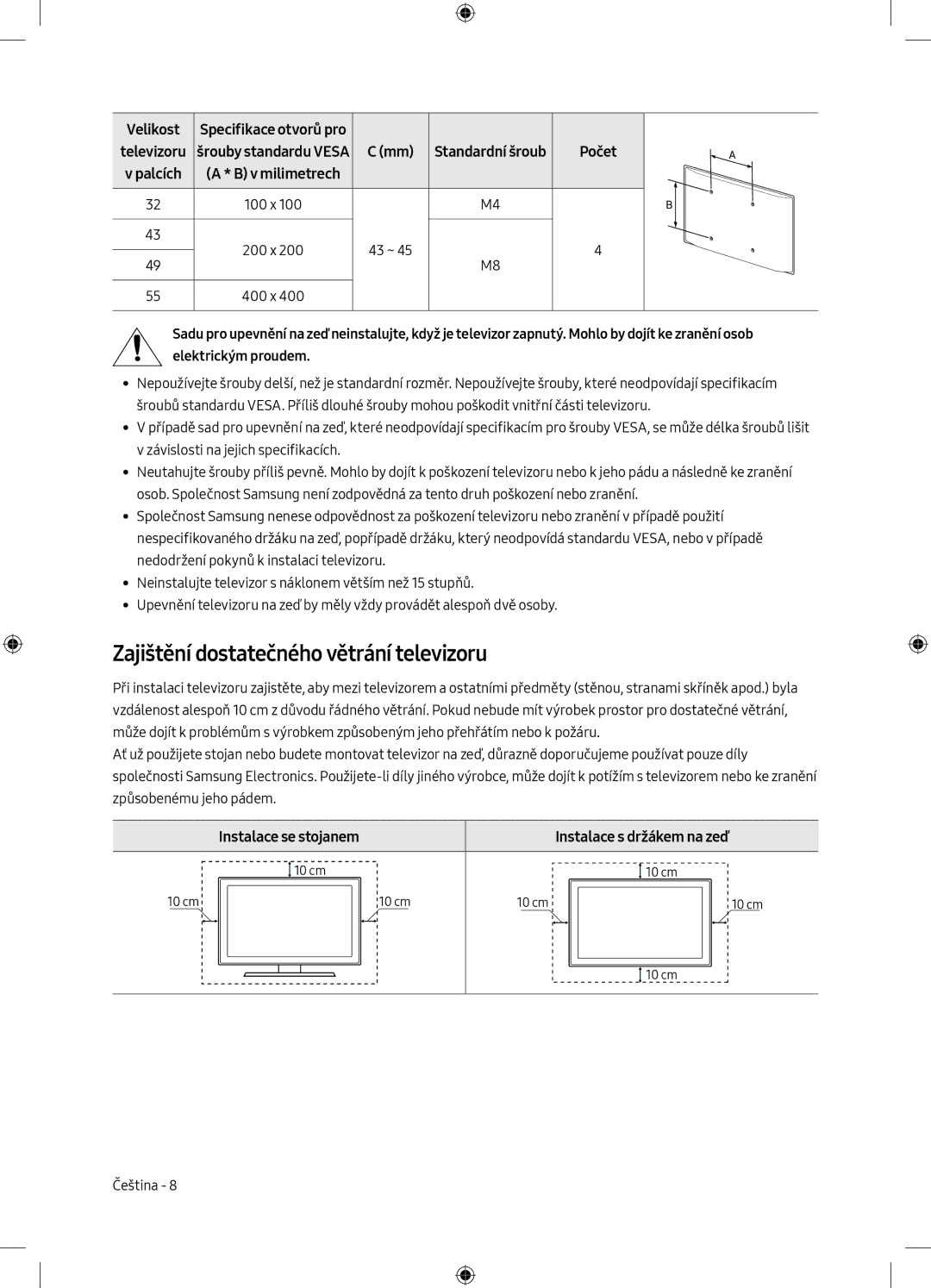 Samsung UE49M5602AKXXH, UE32M5502AKXXH, UE55M5502AKXXH, UE49M5582AUXXH Zajištění dostatečného větrání televizoru, Velikost 