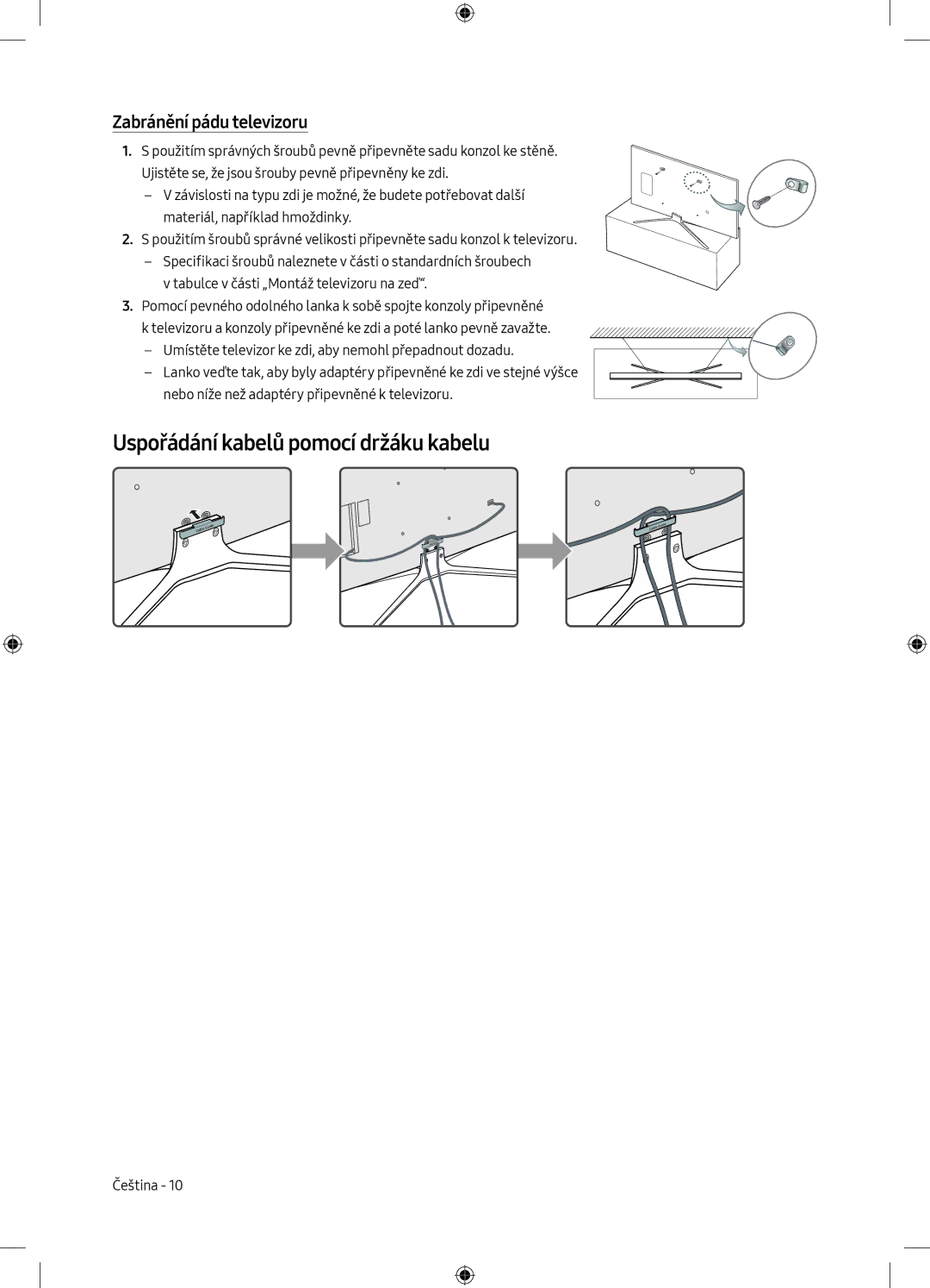 Samsung UE49M5672AUXXH, UE32M5502AKXXH, UE55M5502AKXXH Uspořádání kabelů pomocí držáku kabelu, Zabránění pádu televizoru 