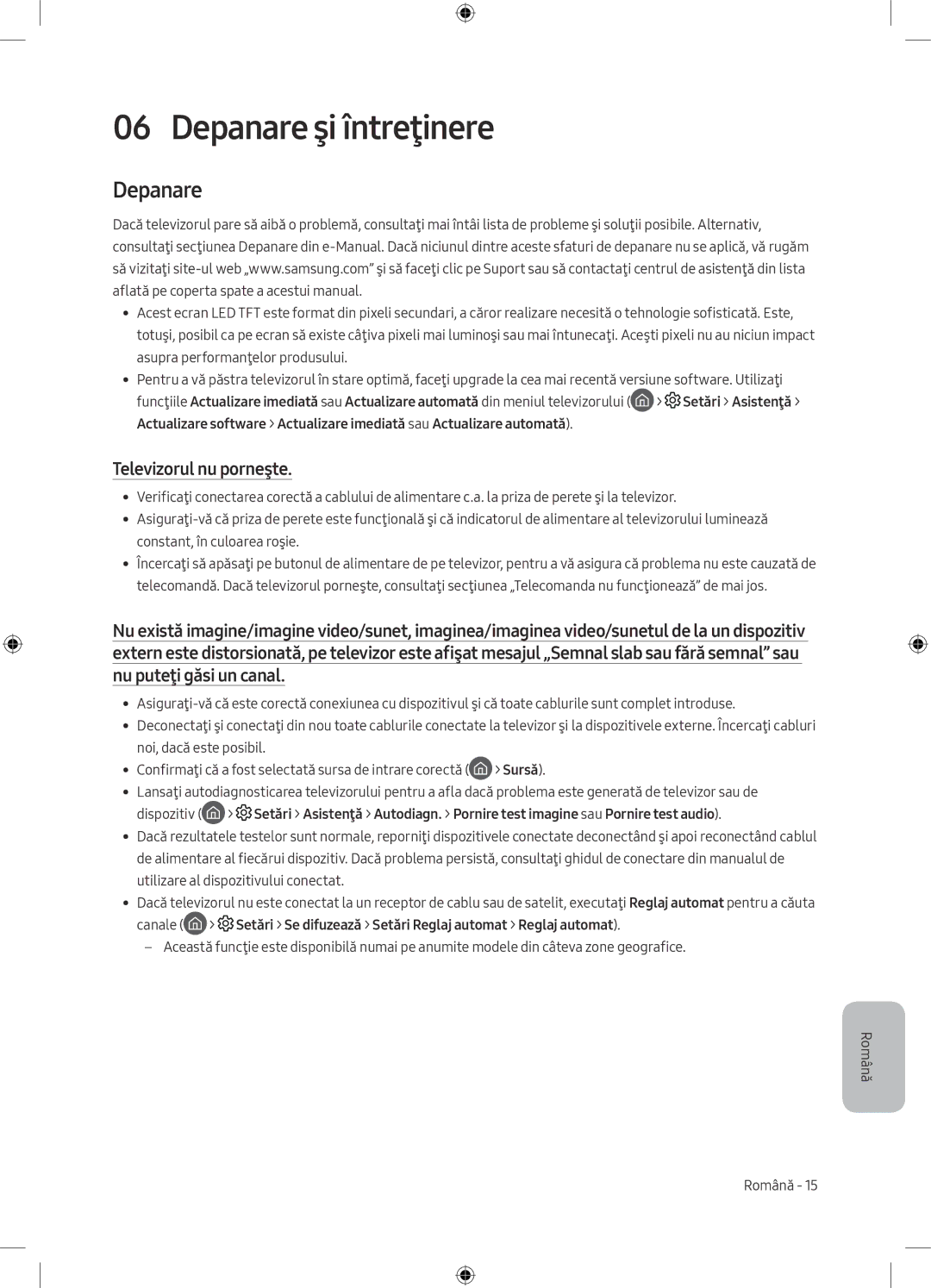 Samsung UE32M5502AKXXH, UE55M5502AKXXH, UE49M5602AKXXH, UE49M5582AUXXH manual Depanare şi întreţinere, Televizorul nu porneşte 