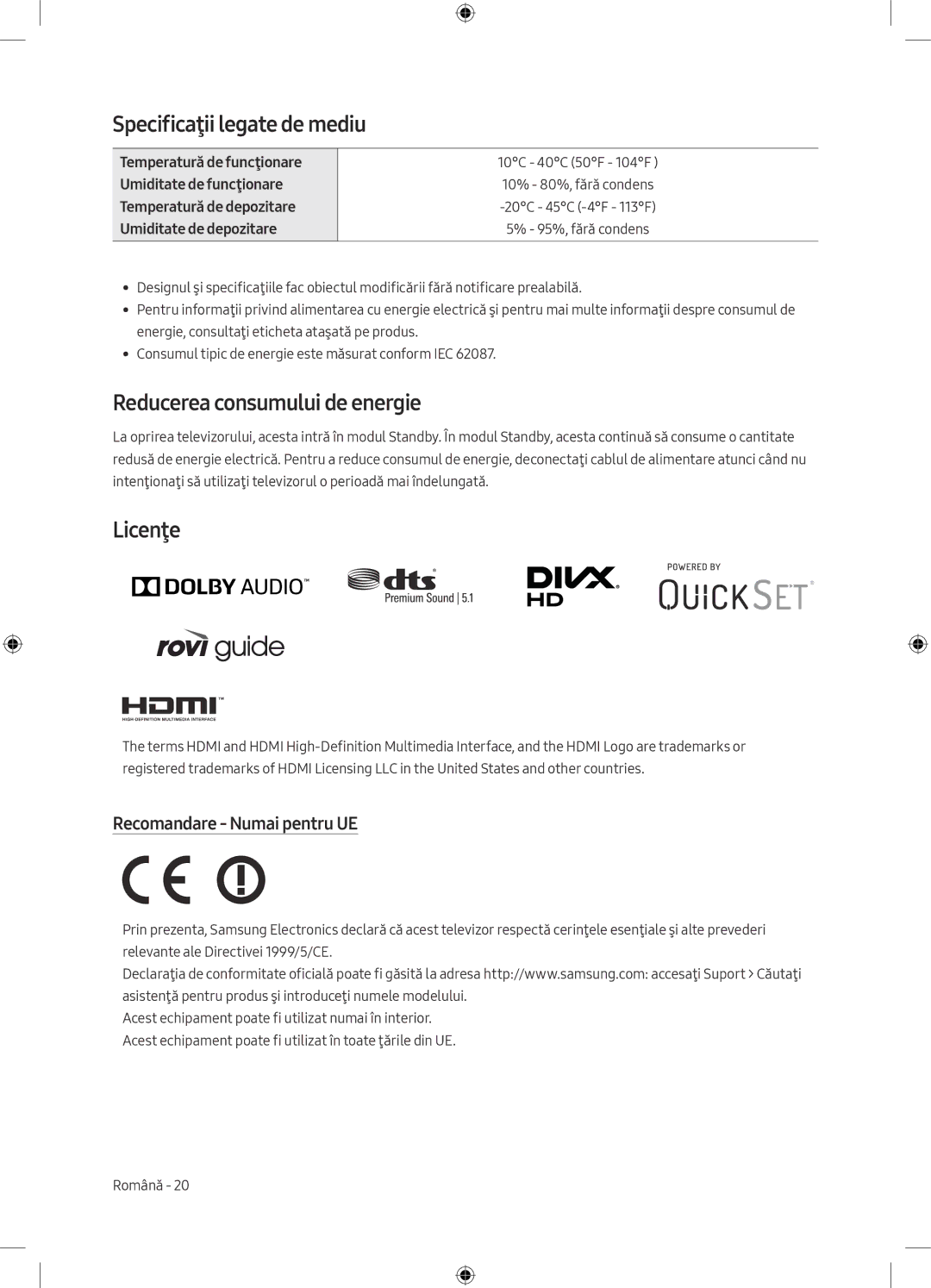 Samsung UE55M5572AUXXH Specificaţii legate de mediu, Reducerea consumului de energie, Licenţe, Recomandare Numai pentru UE 