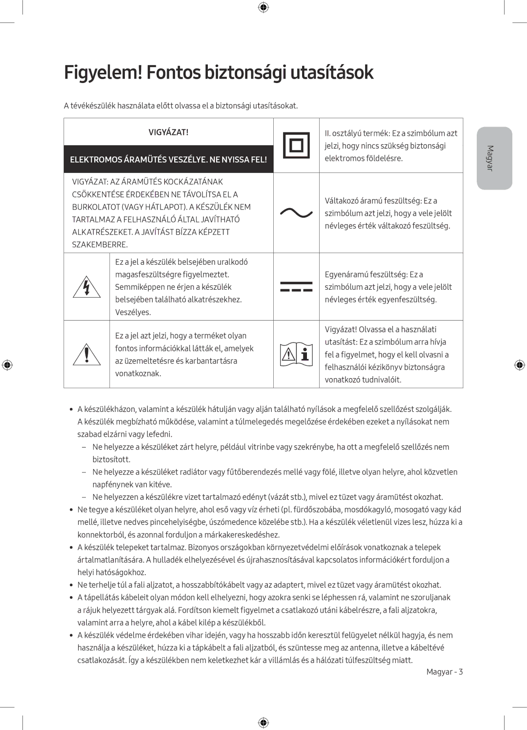 Samsung UE49M5602AKXXH, UE32M5502AKXXH, UE55M5502AKXXH, UE49M5582AUXXH manual Figyelem! Fontos biztonsági utasítások, Vigyázat 