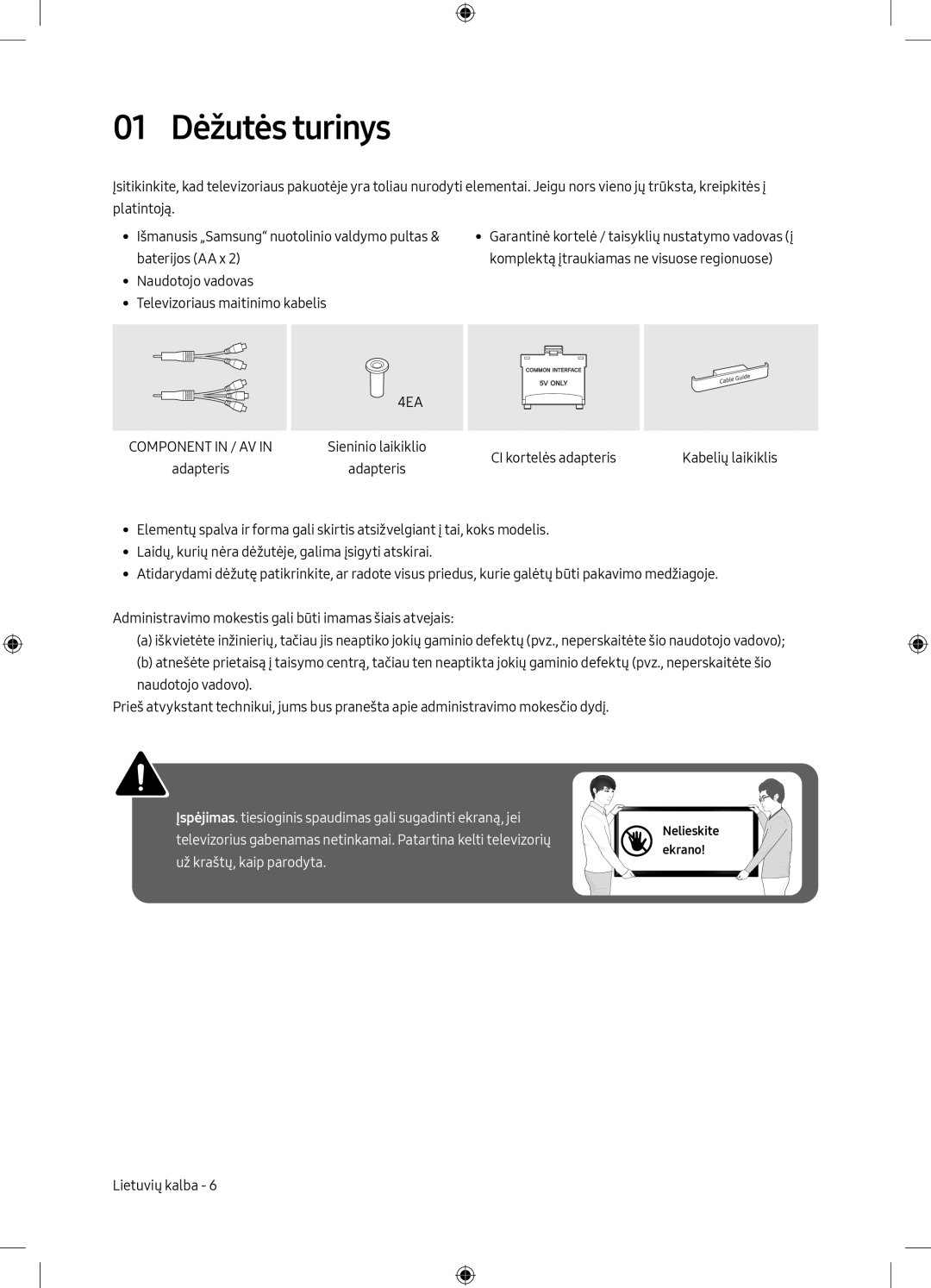 Samsung UE49M5572AUXXH, UE32M5502AKXXH, UE55M5502AKXXH, UE49M5602AKXXH, UE49M5582AUXXH, UE49M5672AUXXH manual 01 Dėžutės turinys 