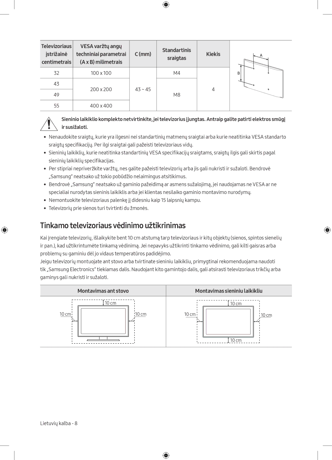 Samsung UE55M5502AKXXH, UE32M5502AKXXH manual Tinkamo televizoriaus vėdinimo užtikrinimas, Centimetrais a x B milimetrais 